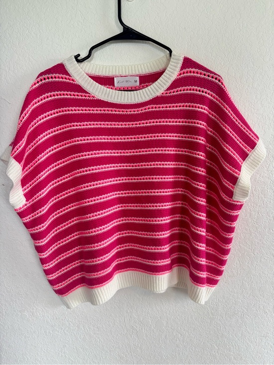 Knit Mix Sweaters - Women's Striped Crewneck Sweater in Pink with Cream Trim